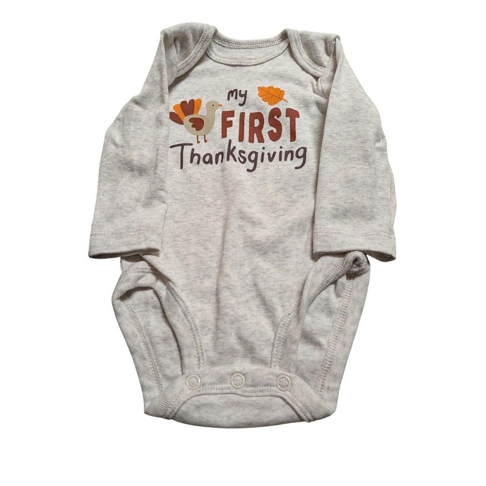 Carters Baby 3M My First Thanksgiving Long Sleeve Bodysuit Heather Gray Turkey - Picture 1 of 3